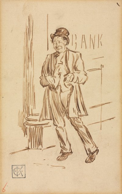 Studie van een dronken man die langs een bank loopt door Charles Samuel Keene