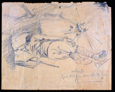 Luitenant Leslie Gooldie slapend onder granaatvuur, 1915 door Charles Sergeant Jagger