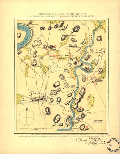 Antietam Sharpsburg en omgeving. Gebouwd en gegraveerd ter illustratie van "De oorlog met het Zuiden" LOC 99447381 door Charles Sholl