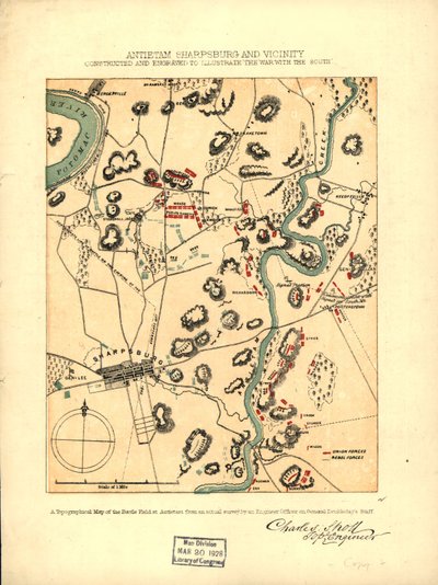 Antietam Sharpsburg en omgeving. Gebouwd en gegraveerd ter illustratie van "De oorlog met het Zuiden" LOC 99466713 door Charles Sholl