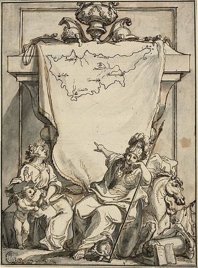 Allegorie met de kaart van Cyprus door Charles Simonneau