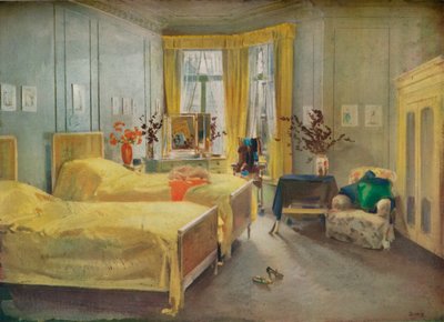 Een Interieur Scène: een slaapkamer ontworpen door Mme. Gloria Silva in het Hotel Metropole, Londen door Charles Sims