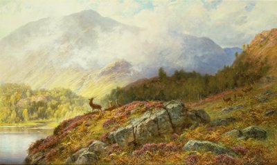 Herten in een Hooglandlandschap door Charles Stuart