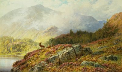 Herten in een Hooglandlandschap door Charles Stuart