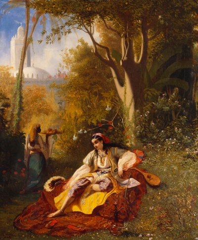 Een Algerijnse vrouw en haar dienaar in een tuin, 1844 door Charles Theodore Frere