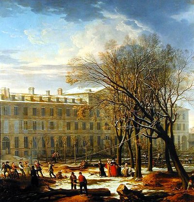 Figuurtjes die bomen omhakken buiten een gebouw in Parijs door Charles Thevenin