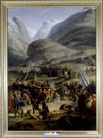 Het Franse leger in het dorp Saint Pierre voor de oversteek van de Saint Bernard pas - door Charles Thévenin, olieverfschilderij, begin 19e eeuw. door Charles Thevenin