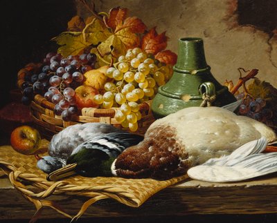 Een Wilde Eend en een Houtduif met een Mandje Appels en Druiven op een Houten Rand door Charles Thomas Bale