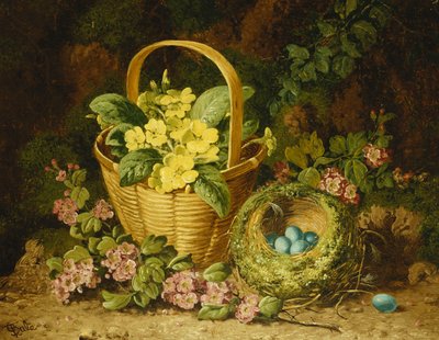 Sleutelbloemen in een mand, japonica en een vogelnest door Charles Thomas Bale