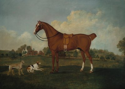 Een bruine jager met twee honden in een landschap, met een herenhuis op de achtergrond door Charles Towne