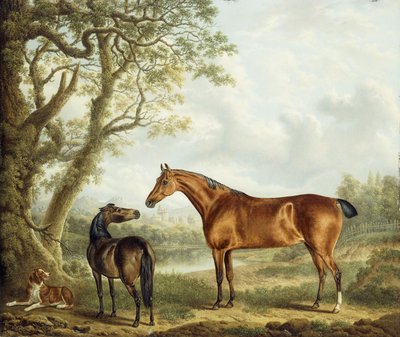 Jagers en een spaniël in een uitgestrekt landschap, 1827 door Charles Towne
