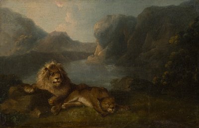 Leeuwen in een landschap bij een meer door Charles Towne