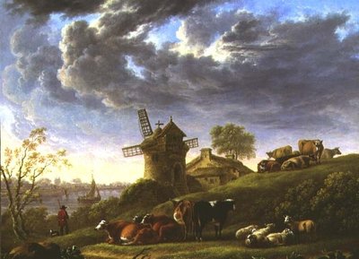 Zonnige Weiden bij een Dorp aan de Rivier door Charles Towne