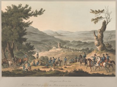 Nr. 5  Sabugal aan de rivier de Coa. Op de voorgrond Franse wachtposten; de geallieerden maken zich klaar om de rivier over te steken. door Charles Turner