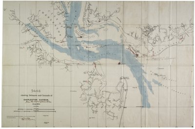 Schets met verdedigingswerken en kanalen van de Haven van Charleston, juni 1864 door Charles V. Bartelle