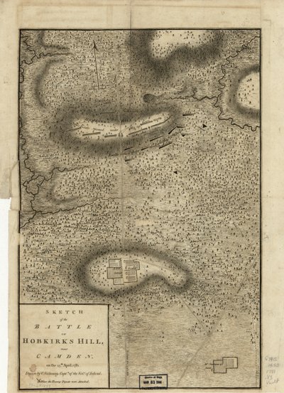 Schets van de Slag bij Hobkirks Hill, nabij Camden, op 25 april 1781, gepubliceerd in Londen, 1794 door Charles Vallancey