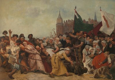 Het verbrijzelde standbeeld van de hertog van Alva wordt door de straten gesleept door Charles Verlat
