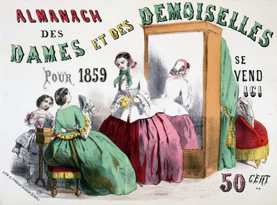 Reclameposter voor de Almanach van Dames en Dames voor 1859 (meisjes praten over kleding voor een ijskast), 50 cent door Charles Vernier