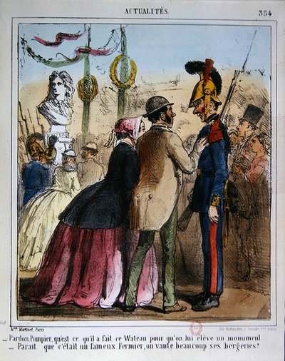 Cartoon die de spot drijft met de oprichting van een herdenkingsbeeld van Watteau, ca. 1870 door Charles Vernier