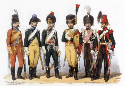 Kostuums van het Franse leger: Lancers g-d: 1745 file jager (onder Louis XV); 1785 onder Louis XVI; 1794 republiek; 1810 keizerlijke garde (1e rijk); 1824 koninklijke garde (restauratie); 1840, tekening door Charles Vernier (1831-1887) door Charles Vernier
