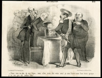 Illustratie door Charles Vernier (? -1887) in Le Charivari, circa 1851-11 - Herinnering aan de wet van 31 mei 1850 - Verkiezingen, President van de Republiek, Grootte, Wet, Stemrecht - Thiers Adolphe, Napoleon III, Dupin Andre-Marie genaamd Dupin aine (178 door Charles Vernier