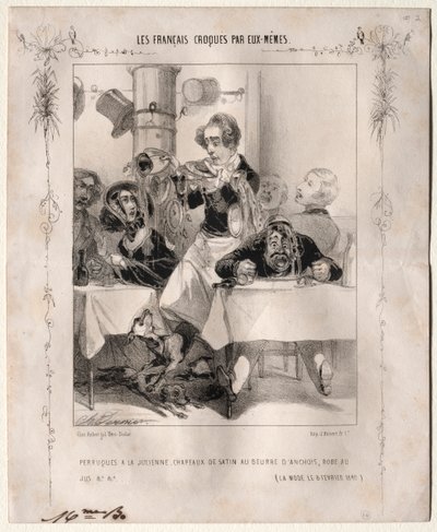 Les Français croqués par eux-mêmes: Perruques à la Julienne, Chapeaux de satin, 1840 door Charles Vernier