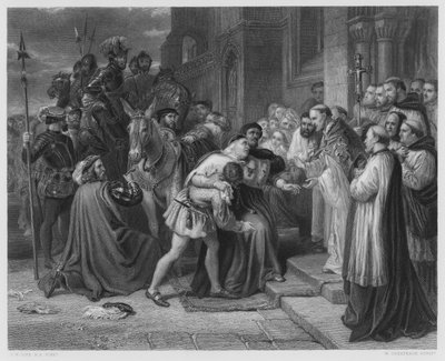 Wolsey in Leicester Abbey, van het schilderij in de Koninklijke Collectie (gravure) door Charles West (after) Cope