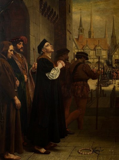 Het martelaarschap van Laurence Saunders in Coventry, rechter paneel van drieluik door Charles West Cope
