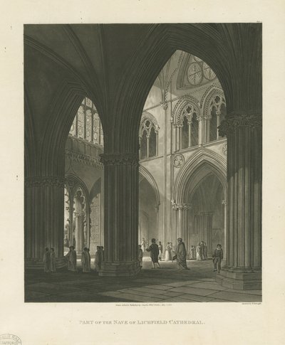 Interieur van de Lichfield Kathedraal - Schip (aquatint gravure) door Charles Wild