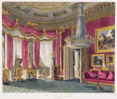 Roze Satijnen Teken Kamer (tweede uitzicht) Carlton House, gegraveerd door R. Reeve uit 