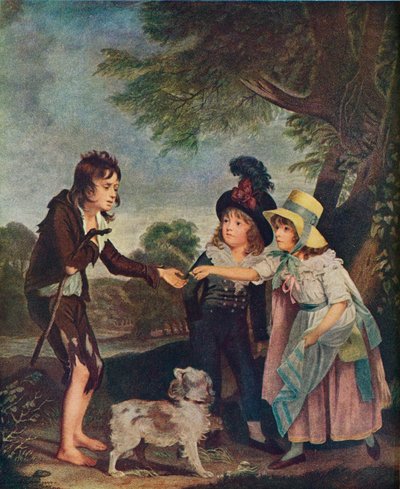 Portret van de kinderen van Sir Francis Ford die een munt aan een bedeljongen geven. Tentoonstelling 1793 door Charles Wilkinson