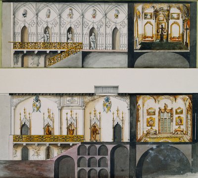 Alternatieve Projecten voor de Hal, Galerij en Teken - Kamer in Charleville Castle: Secties door Charles William Bury