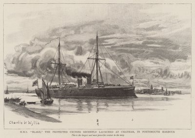 HMS Blake, de beschermde kruiser onlangs gelanceerd in Chatham, in de haven van Portsmouth door Charles William Wyllie