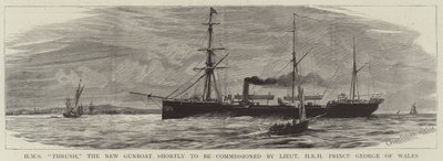 HMS Thrush, de nieuwe kanonneerboot die binnenkort in gebruik wordt genomen door luitenant ZKH Prins George van Wales door Charles William Wyllie