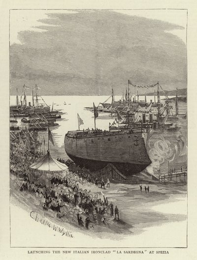 Het te water laten van de nieuwe Italiaanse IJzerenclad La Sardegna in Spezia door Charles William Wyllie