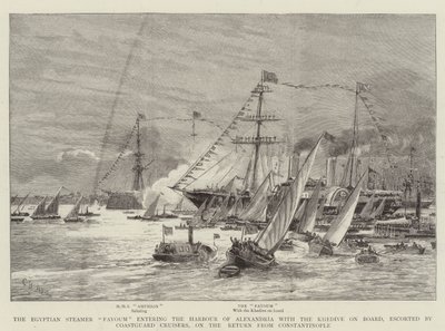 De Egyptische stoomboot Fayoum vaart de haven van Alexandrië binnen met de Khedive aan boord, geëscorteerd door kustwachtkruisers, op de terugkeer uit Constantinopel door Charles William Wyllie