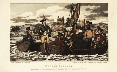 Engelse toeristen en Schot in tartan jas zeilen op Loch Leven in de Schotse hooglanden door Charles Williams