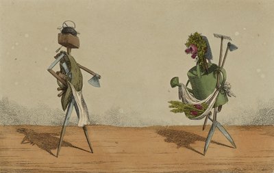 Geanimeerde Gereedschappen, Plaat 2, Opgedragen aan de Timmerlieden en Tuiniers van Groot-Brittannië, c.1811 (handgekleurde ets) door Charles Williams