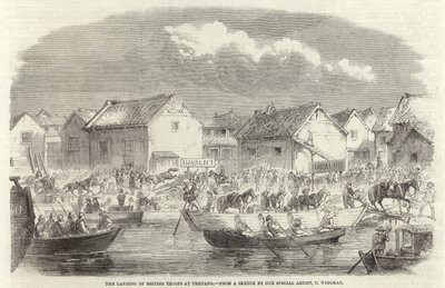 De landing van Britse troepen bij Pehtang door Charles Wirgman