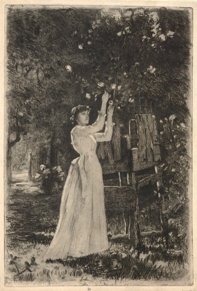 Een jonge vrouw die bloemen plukt van een boom door Charles Yardley Turner