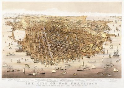 De stad San Francisco, vogelvlucht vanuit de baai naar het zuidwesten, gepubliceerd door Currier & Ives door Charles Richard Parsons