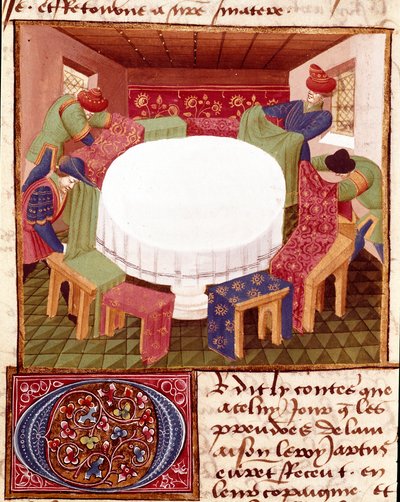 Voorbereidingen van de Ronde Tafel bij de Aankomst van de Miniatuur Ridders uit Romanesque du Chevalier Tristan door Meester Charles de Maine (Beroul versie). 1440-1460. Chantilly, Conde Museum door Charles du Maine Master