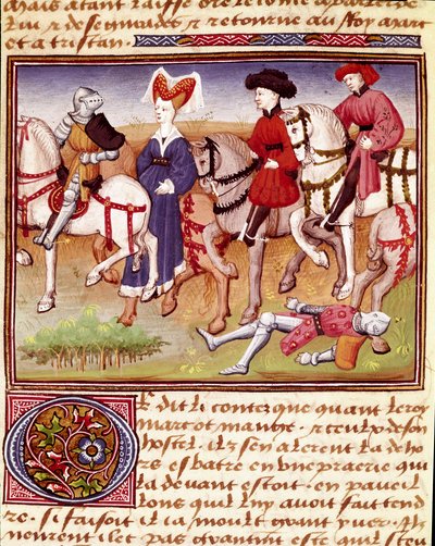 Koningin Iseut te paard met ruiters door Charles du Maine Master