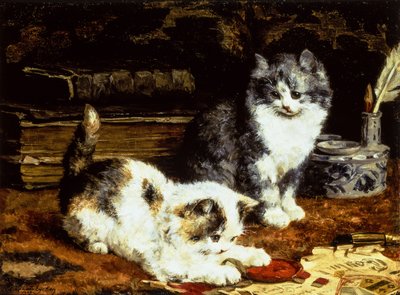 Twee kittens die op een bureau spelen door Charles van den Eycken