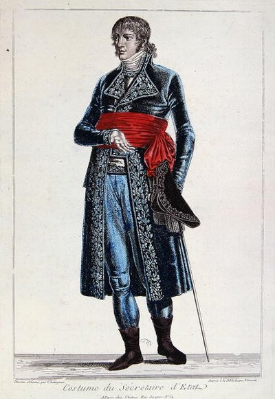 Kostuum van een staatssecretaris tijdens de periode van het Consulaat (1799-1804) van de Eerste Republiek in Frankrijk, ca. 1800 (gekleurde gravure) door Chataignier Chataignier