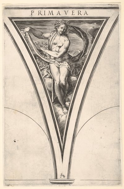 Lente Primavera voorgesteld als een vrouw met een wapperend doek en slingers door Cherubino Alberti