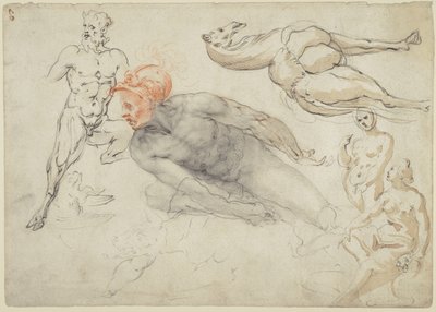Studies van mannelijke en vrouwelijke naakten, een sater en een kameel (recto); standbeeld van Marcus Aurelius (verso) door Cherubino Alberti