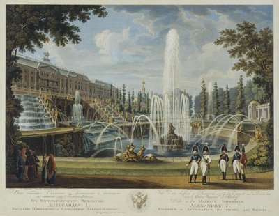 Uitzicht op de Grote Cascade, Samson Fontein en Groot Paleis in Peterhof, Begin 19e eeuw door Chessky