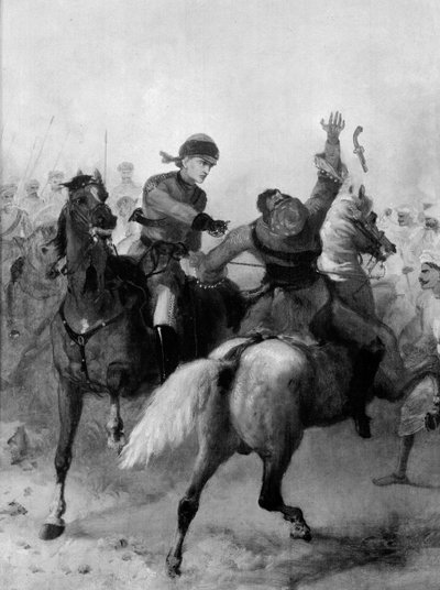 Luitenant John Watson van de 1e Punjab Cavalerie wint het Victoria Cross in Lucknow tijdens de Indiase opstand op 14 november 1857 door Chevalier Louis William Desanges