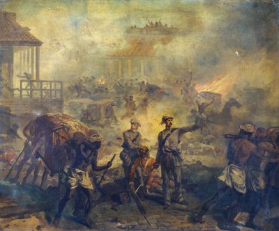 Chirurg Anthony Dickson Home VC (1826-1914) en assistent-chirurg William Bradshaw VC (1830-61) in Lucknow tijdens de Indiase opstand in 1857, 1857 door Chevalier Louis William Desanges